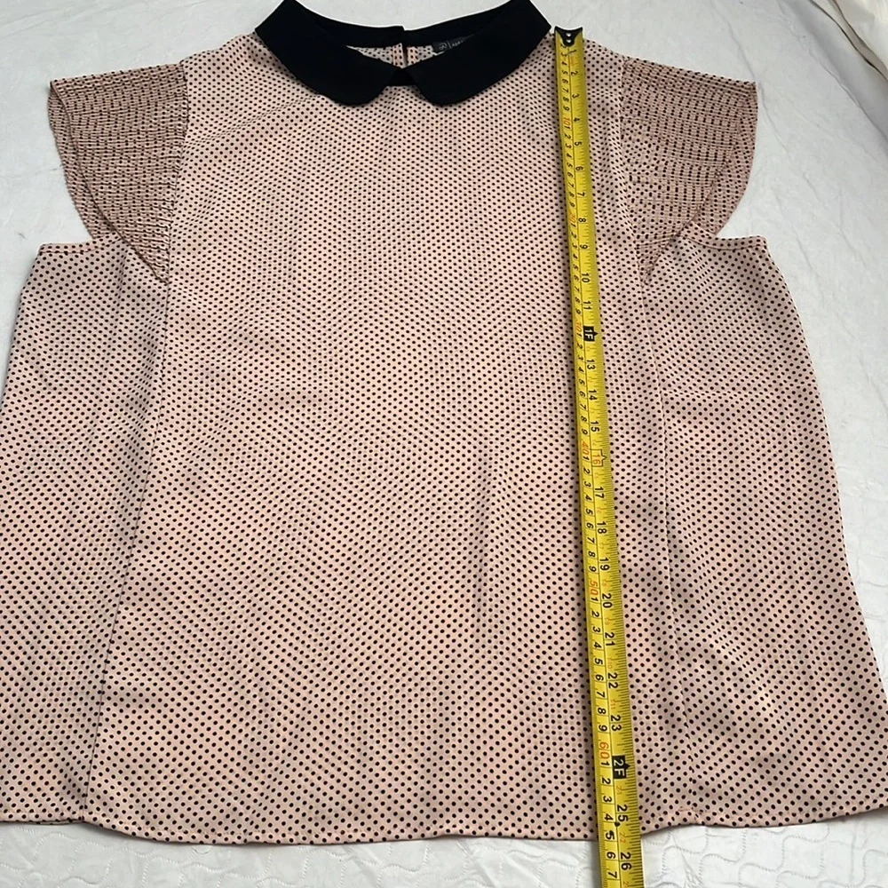 Adrianna Papell pink and black polka dot Peter Pan collar flutter sleeve blouse